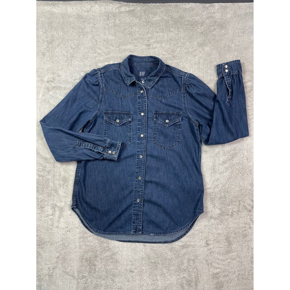 Gap Womens Western Denim Shirt Dark Indigo Snap Front S Tall 718740-03 LS Cotton